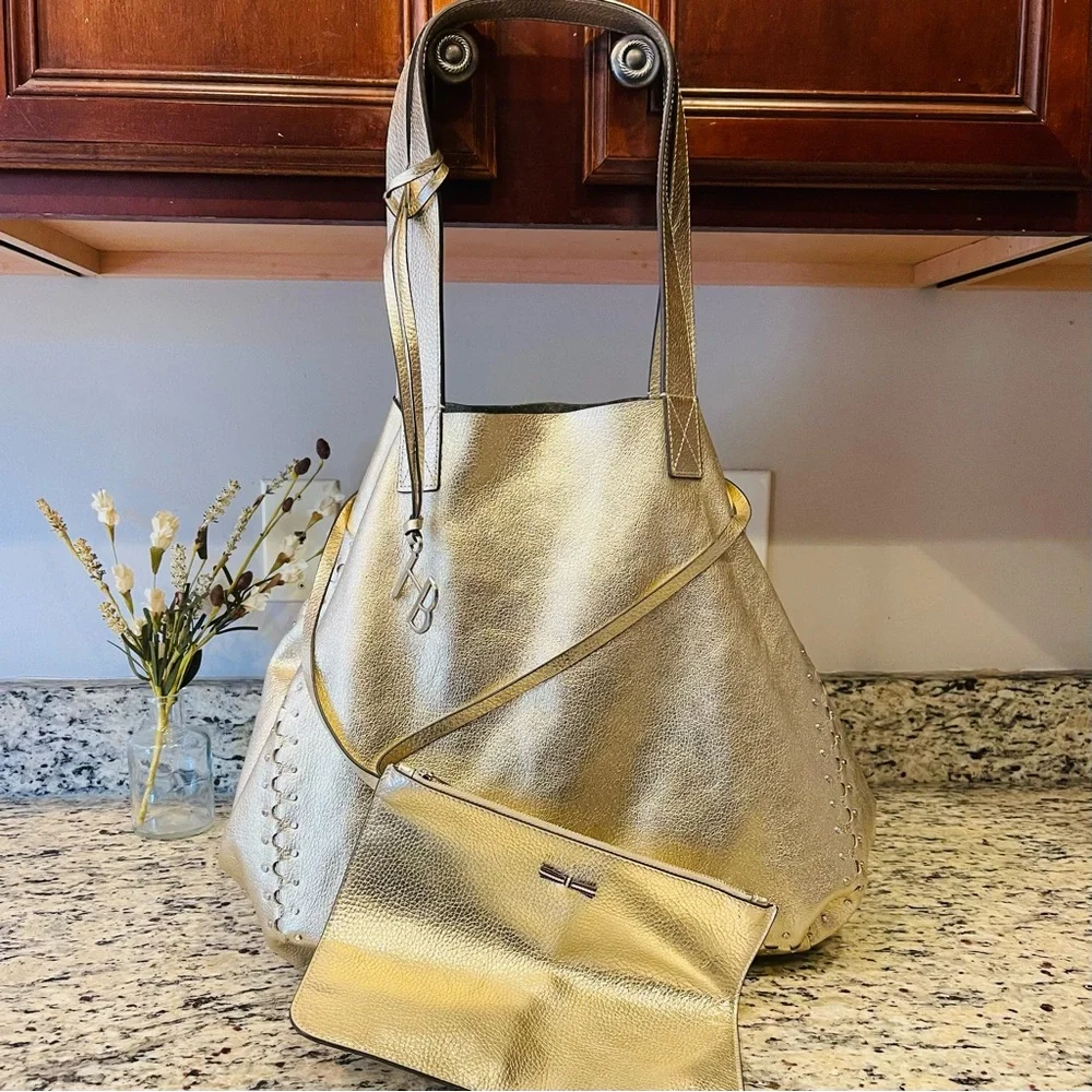 HENRI BENDEL Astrid Reversible Leather Suede Metallic Gold Snakeskin Python Hobo
